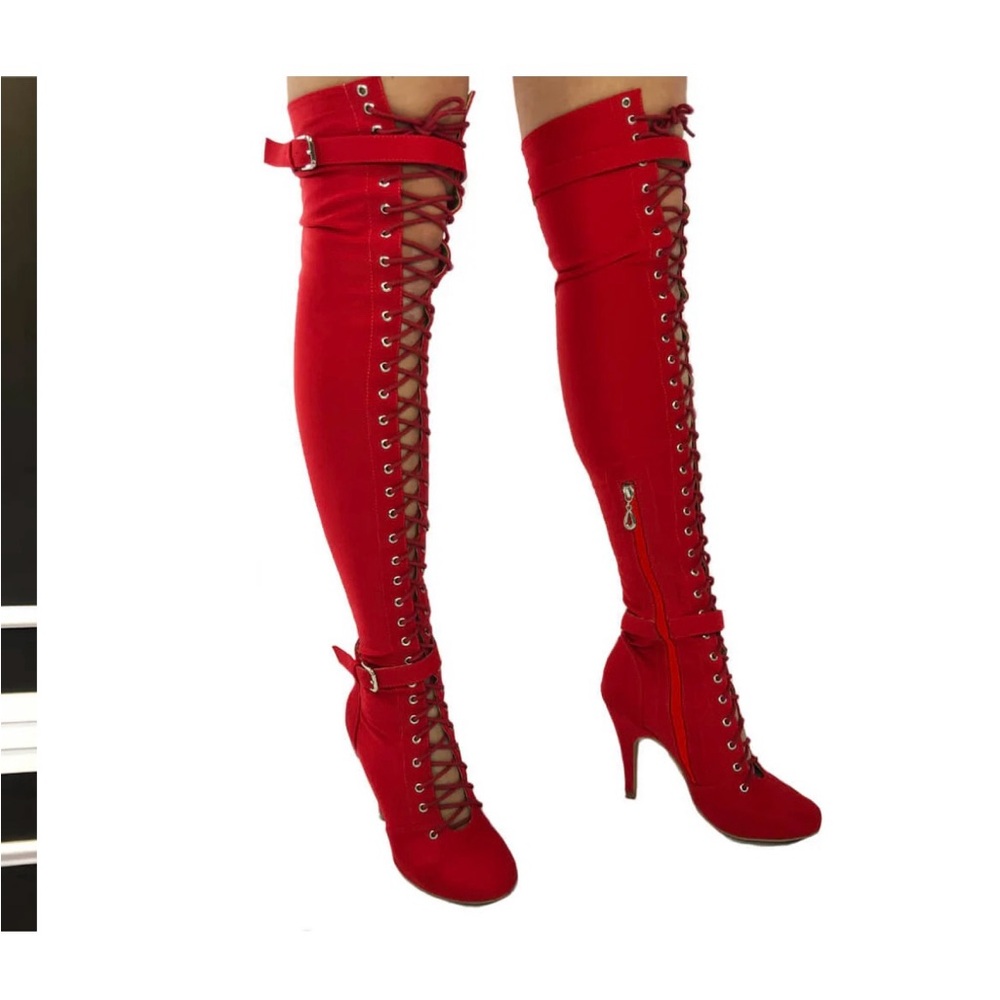 Red Lace-Up Heeled Boots
